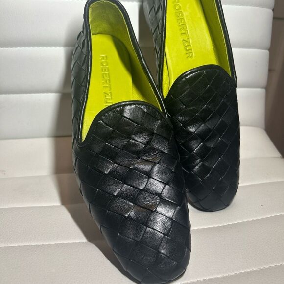 Robert Zur Shoes - Robert Zur Black Leather Flats with Woven Design